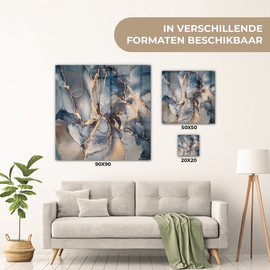 MuchoWow® Peinture sur Verre - Marbre - Grijs - Blauw - Luxe - Or - 90x90 cm - Peintures sur Verre Acrylique - Photo sur Glas