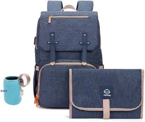 Luiertas - Luierrugzak - Jeans Style - Ergonomisch - Met isoleervakjes - verschoningsmat en melk (vloeistof) opwarmzakje USB - Waterproof - Veel opberg ruimte - Kan ook over de hendel van een koffer geschoven worden - Bevestiging voor aan kinderwagen van AdoLifestyle — afbeelding 2