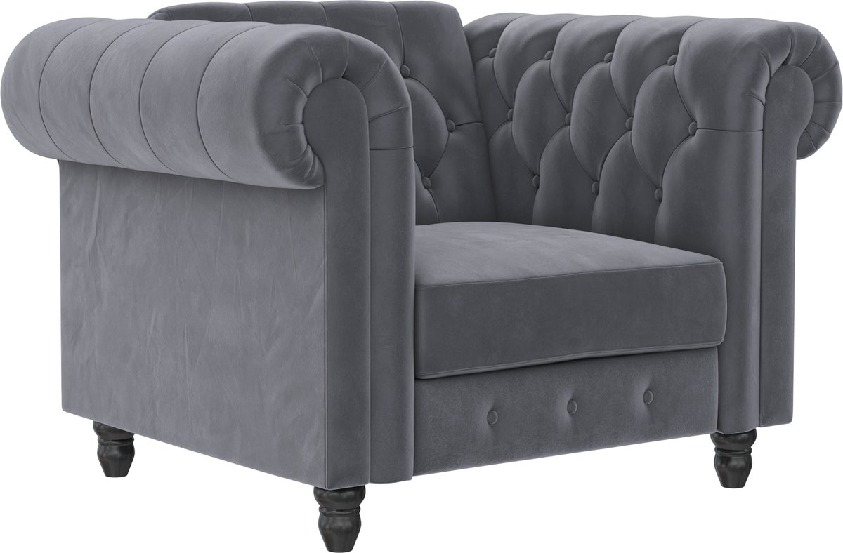Notio Living Felix - Chesterfield fauteuil in antraciet fluweel (83 x 111 x 87 cm) Grijs
