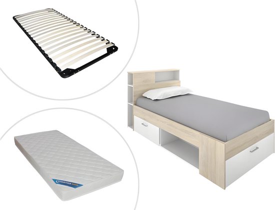 Lit et tête de lit avec rangements et tiroir - 90 x 190 cm - Wit