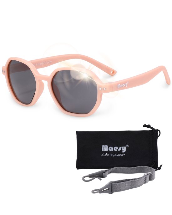 Maesy - baby zonnebril Yana - 1-3 jaar - flexibel buigbaar - verstelbaar elastiek - gepolariseerde UV400 bescherming- dreumes en peuter - jongens en meisjes - kinder zonnebril hexagon - licht roze