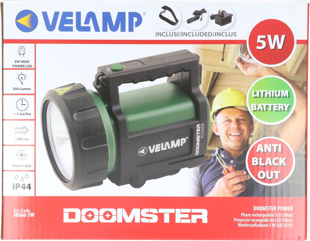 Velamp DOOMSTER POWER: Draadloze handlamp anti blackout LED CREE 5W