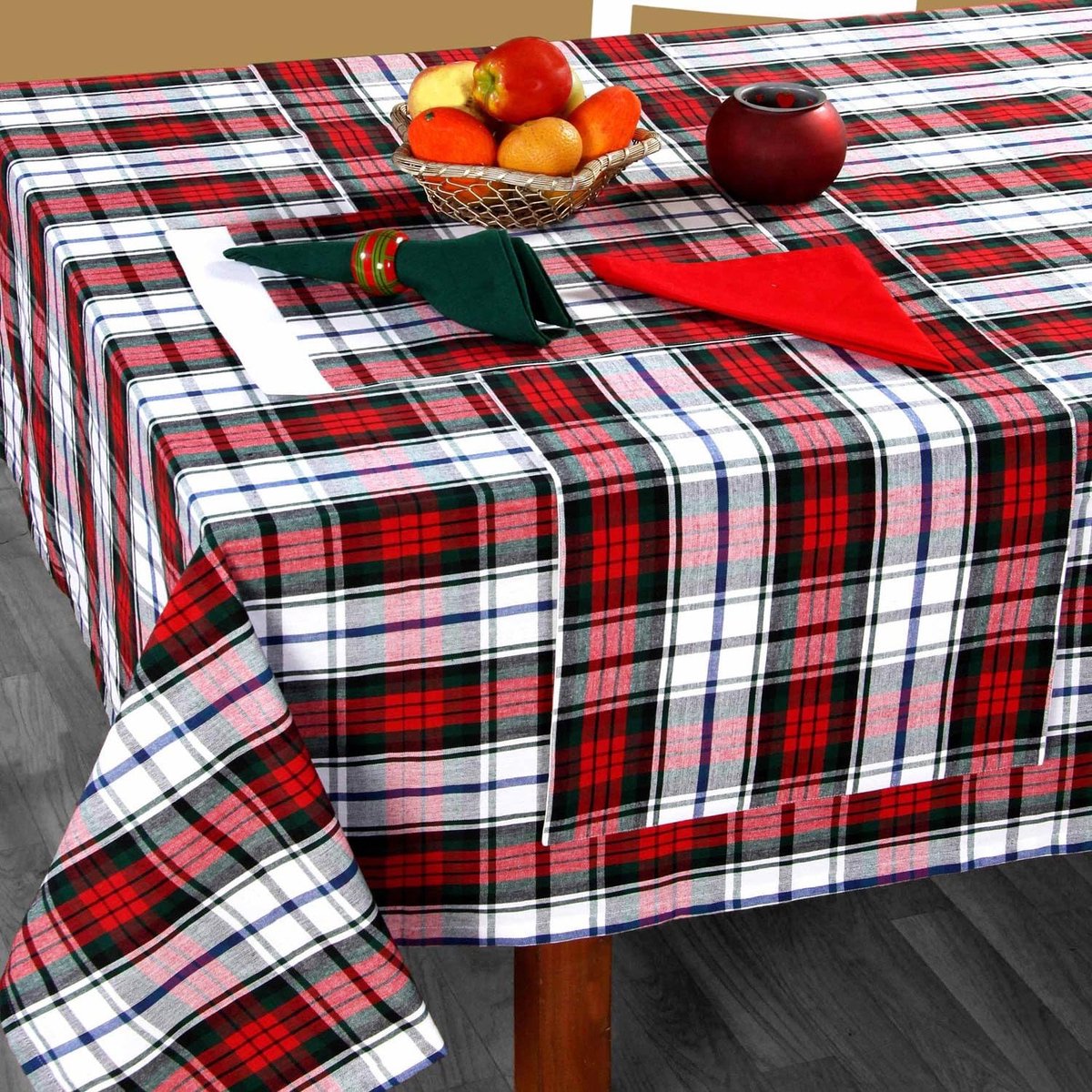 Geruit tafelkleed met tartan-patroon, groen-wit, 100% katoen, hoekig tafelkleed voor eettafel of keukentafel met Schotse patroon, 137 x 228 cm