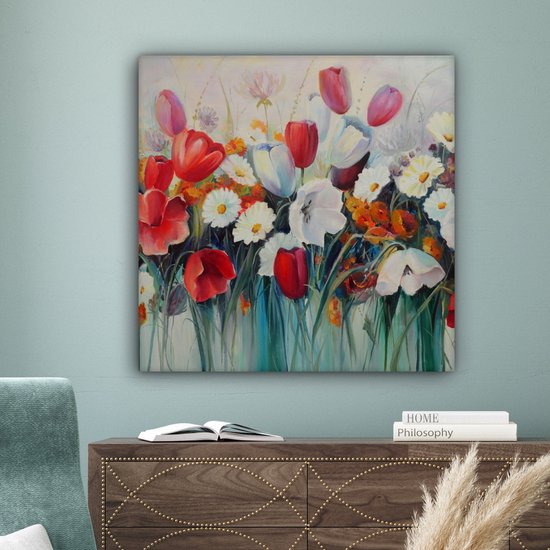 Toile - Peinture - Huile - Fleurs - Nature - 90x90 cm - Décoration - Intérieur