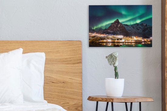 Aurores boréales au-dessus d'un village en Norvège toile 2cm 30x20 cm - petit - Tirage photo sur toile (Décoration murale salon / chambre) / phénomènes naturels Peintures sur toile