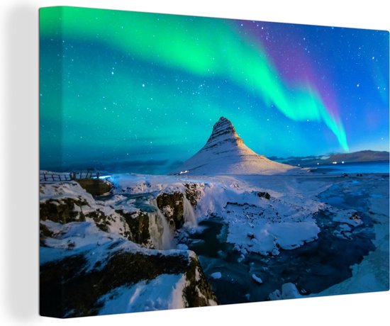 Aurores boréales au-dessus de la montagne Kirkjufell en Islande toile 2cm 90x60 cm - Tirage photo sur toile (Décoration murale salon / chambre) / Phénomènes naturels Peintures sur toile