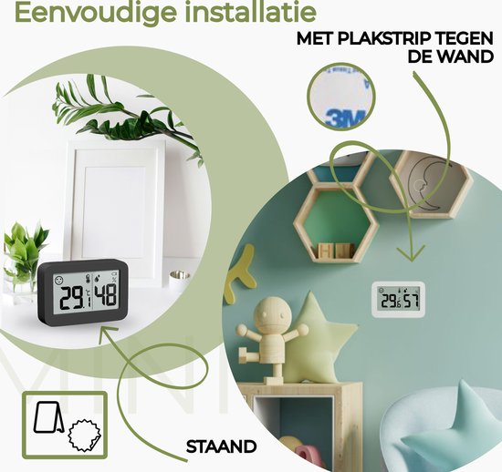 YUCONN Hygrometer - Weerstation - Thermometer Binnen - Digitaal Thermometer En Luchtvochtigheidsmeter - Inclusief Batterij en Plakstrip - Zwart
