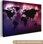 Canvas Wereldkaart - 90x60 - Wanddecoratie Wereldkaart - Zwart - Roze