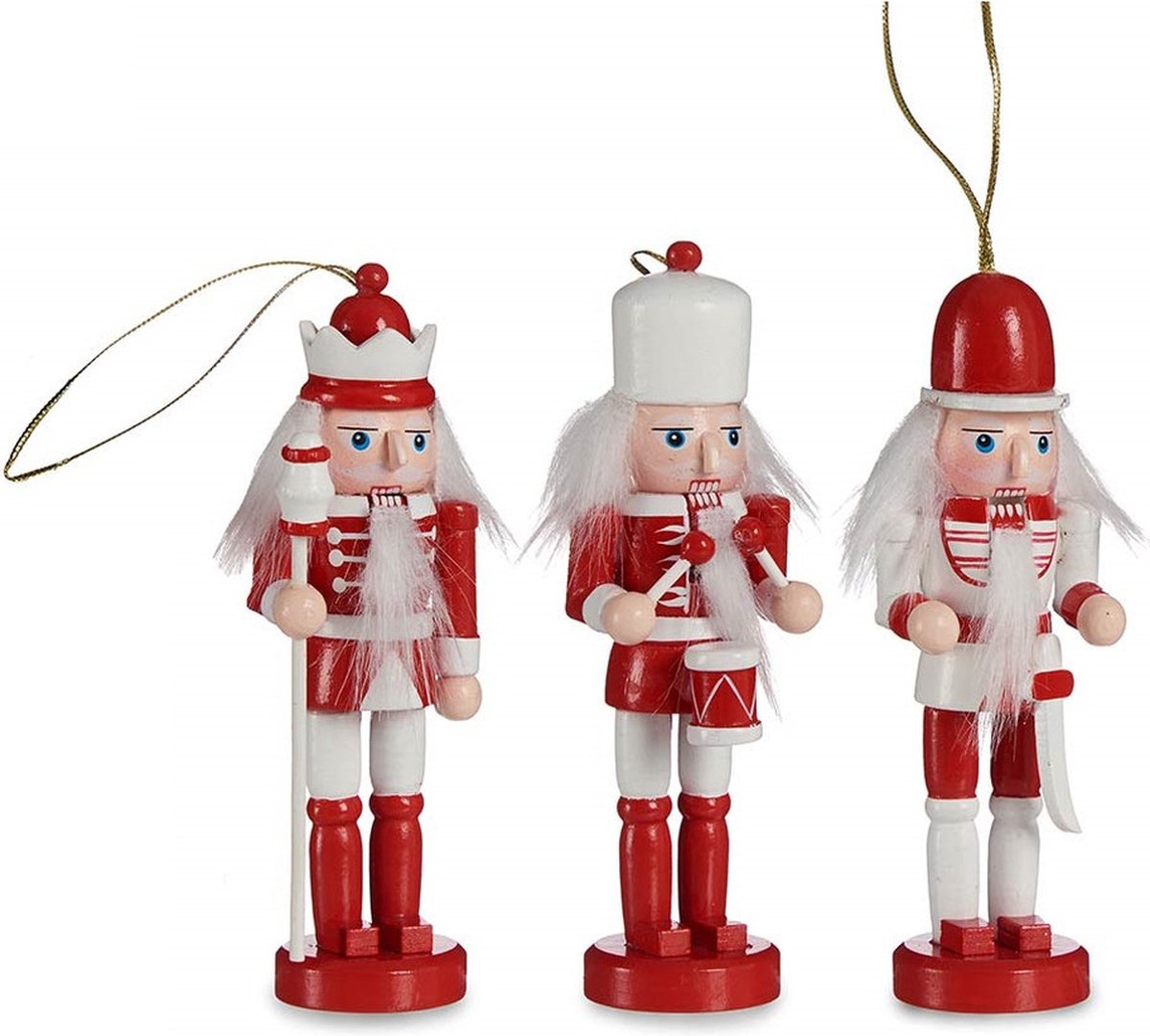 Krist+ Kerstboom notenkrakers - 3x - rood/wit - 12,5 cm - hout - kerstornamenten / kerstversiering