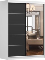 Zweefdeurkast Kledingkast met Spiegel,decoratieve afwerking aan de voorkant, Garderobekast met planken en kledingstang: 150x200x61 cm - Beni 05 Dark (Wit + Zwart, 150)
