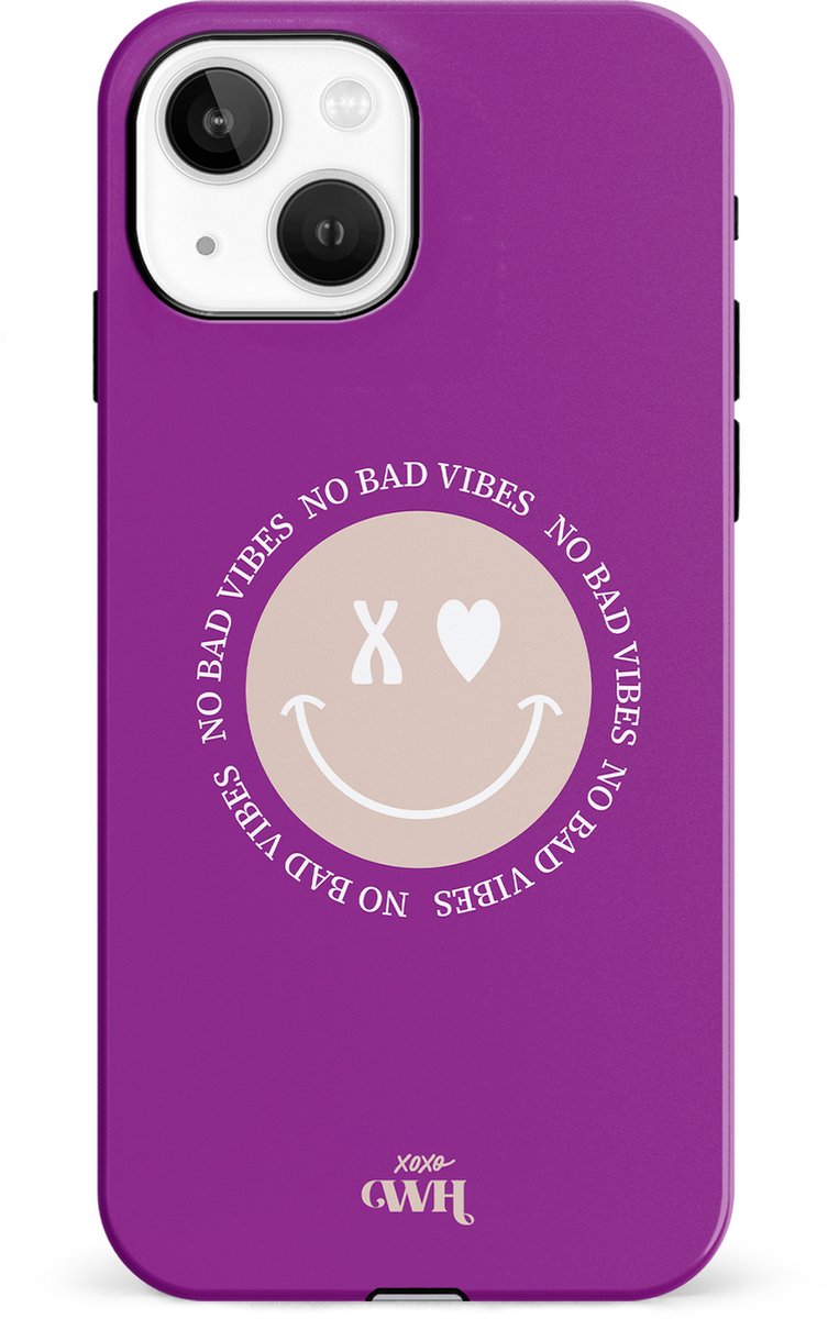 xoxo Wildhearts No Bad Vibes Purple - Single Layer - Hard case hoesje geschikt voor iPhone 13 hoesje - Hoesje met smiley / emoji - Beschermhoes geschikt voor iPhone 13 case met print - paars