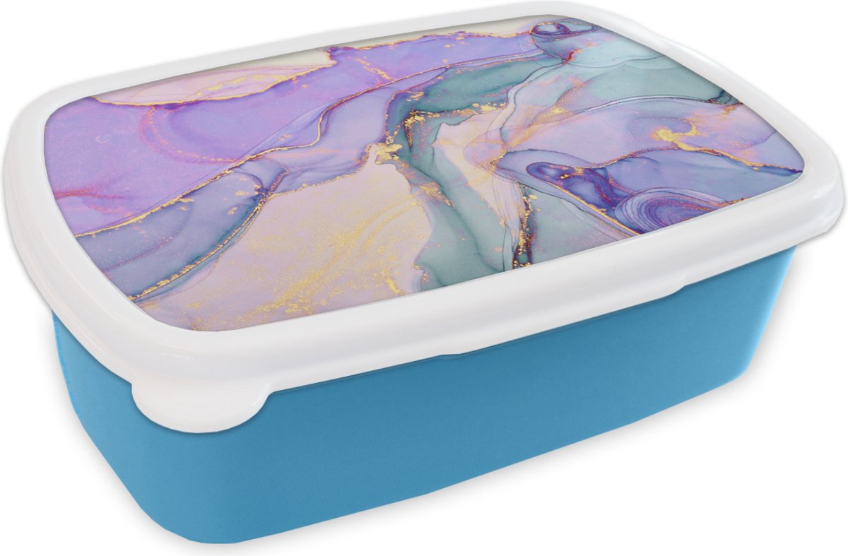 Broodtrommel Blauw - Lunchbox - Brooddoos - Goud - Marmer - Paars - 18x12x6 cm - Kinderen - Jongen