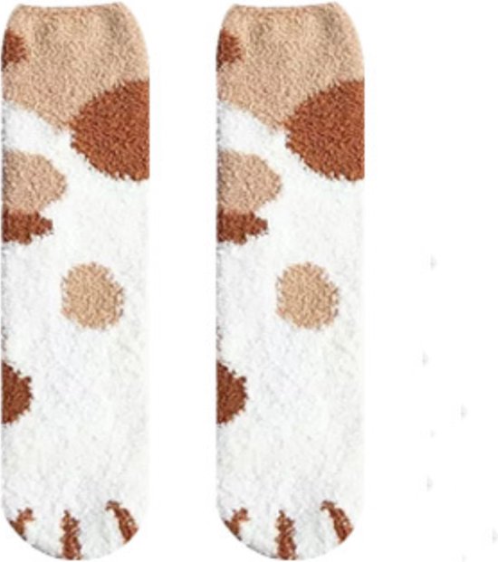 1 paire de chaussettes chaudes en polaire Cat Paws marron-blanc - taille 36-40 - polaire - chaussettes femme - chaussettes fille