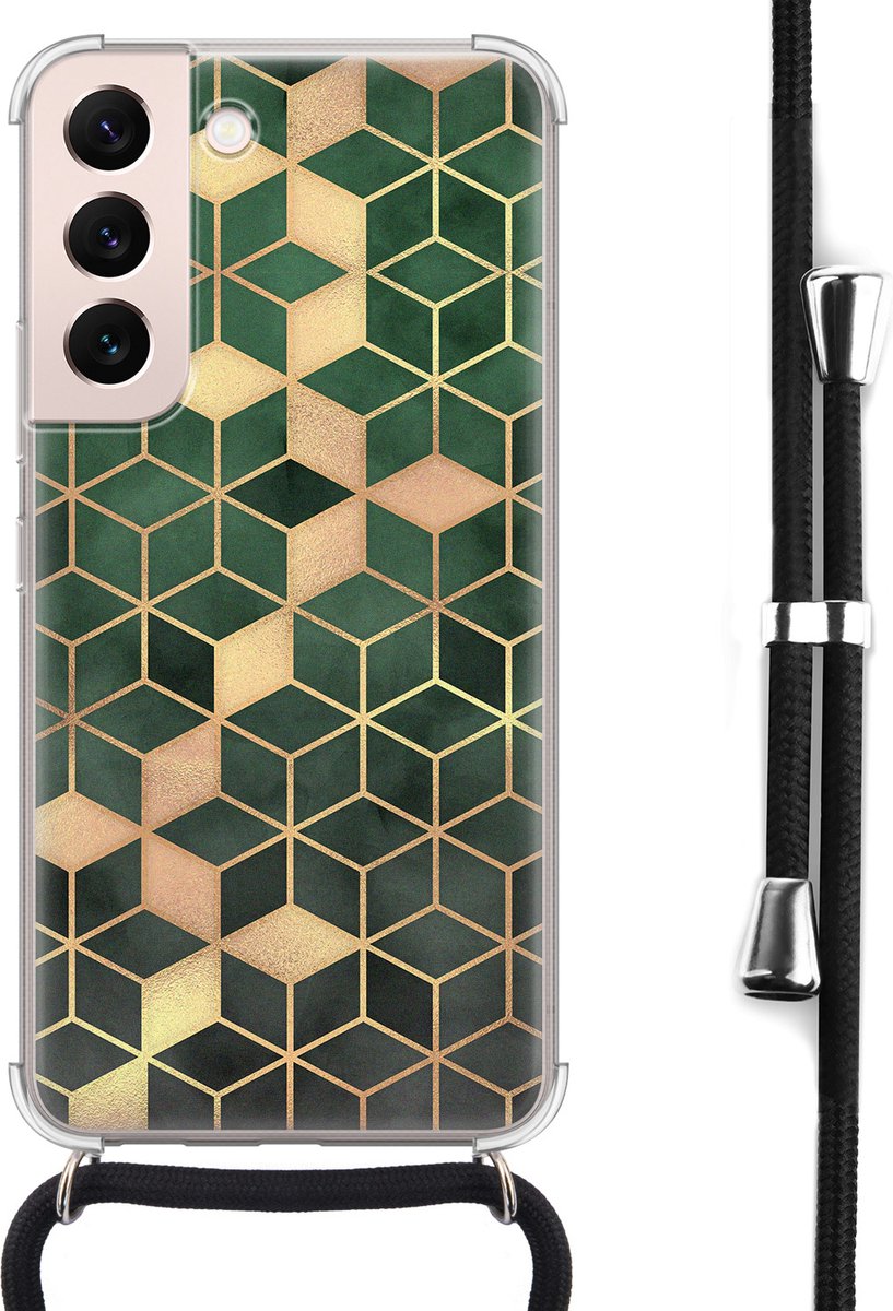 Hoesje met koord - Geschikt voor Samsung Galaxy S22 - Groen kubus - Verstelbaar zwart koord - Crossbody - Print / Illustratie - Transparant, Groen - Leuke Telefoonhoesjes
