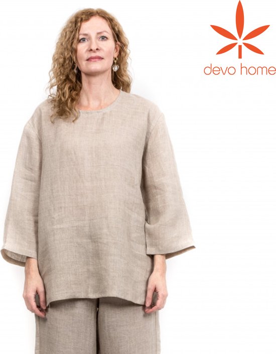 DevoHome Chemise longue en chanvre unisexe - Veste de nuit - Chemise de pyjama - Large - Chanvre - Dames et hommes - Chemise de maison - Biologique et écologique - pour le yoga et la méditation - Beige - S
