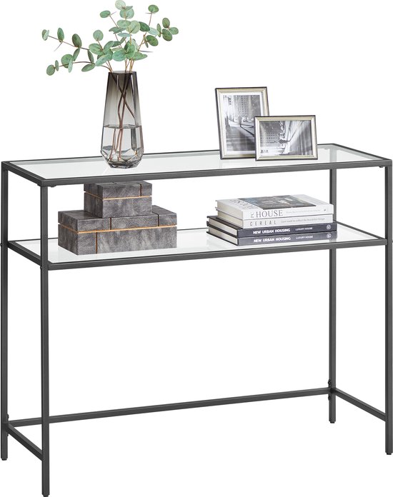 ACAZA Consoletafel - Sidetable - Wandtafel - 100x35x80 cm - Console tafel - Bijzettafel met 2 planken - Gehard Glas - Zwart