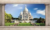 Fotobehang - Vlies Behang - 3D Sacré-Coeur op de Montmartre in Parijs Raamzicht - 208 x 146 cm