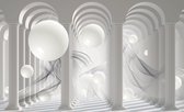 Fotobehang - Vlies Behang - Witte Griekse 3D Tunnels met Ballen en Pilaren - 416 x 254 cm