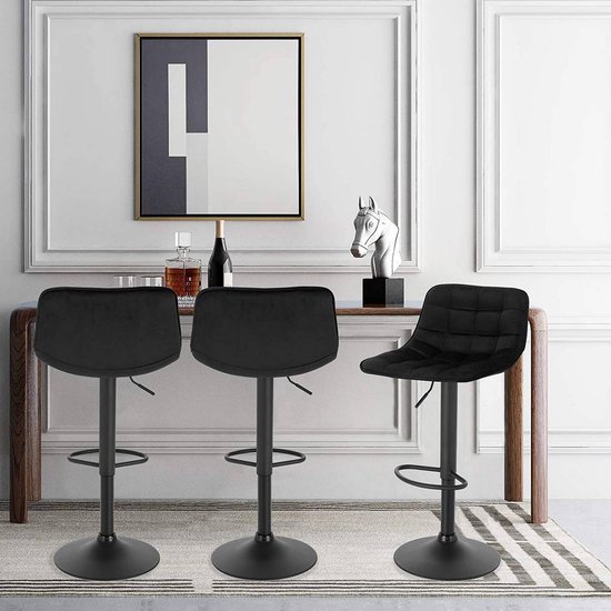 Tabourets de bar en velours Geral - Réglable en hauteur - Avec dossier - Set de 2 - Zwart - Chaises de bar ergonomiques - Cuisine et bar - Hauteur d'assise 59-81cm