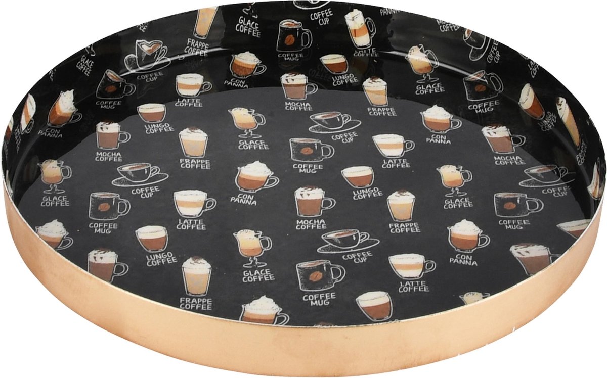 dekoratief Dienblad rond 'Coffee', goud/zwart, metaal, 23x23x2cm | A230928