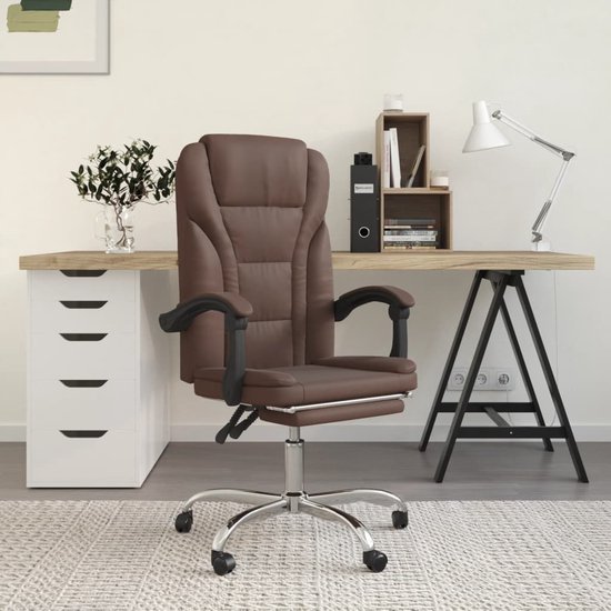 The Living Store Chaise de Bureau Ajustable - Simili Cuir Marron - 63x56x(112,5-122) cm - Dossier et Repose-Pieds réglables - Cadre Stable