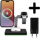 Station d'accueil magnétique 3 en 1 adaptée pour Apple iPhone / Apple Watch / AirPods - Chargeur sans fil - Chargeur iPhone avec câble - USB A vers USB C - Aimant - Station de charge magnétique téléphones - Chargeur GSM Station Qi - avec adaptateur