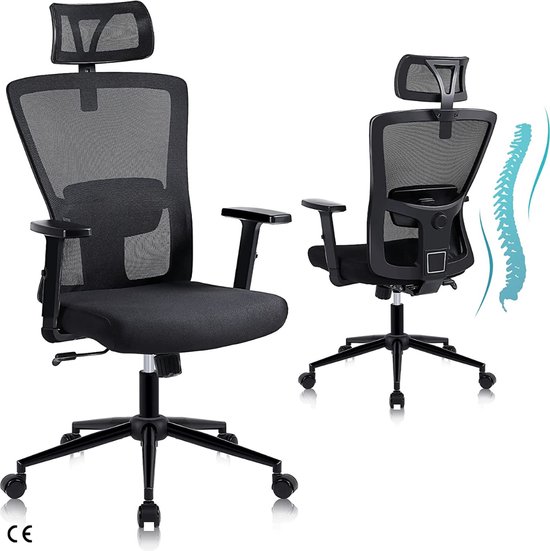 Comfortabele Ergonomische Bureaustoel met Hoofdsteun en Lendensteun - Ideaal voor Thuis en op Kantoor - Kantoorstoel, Vergaderstoel & Gaming stoel – Bureaustoel met Wieltjes - Zwart