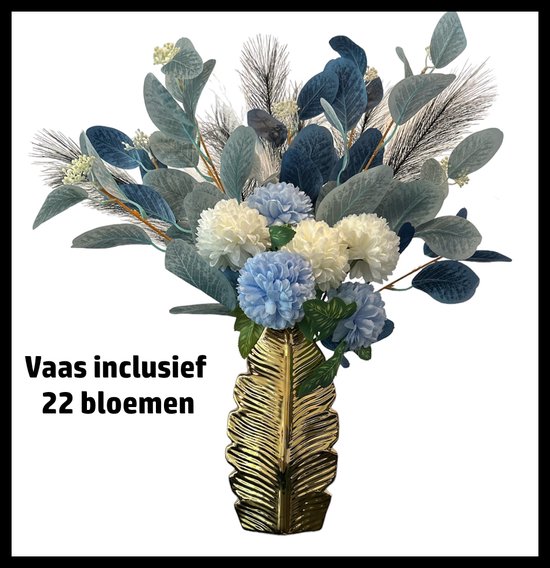 HomeBerg Kunstbloemen Incl. Vaas - Zijden Boeket - Gouden Vaas - Woonaccessoires - multi color - Vaas - Plukboeket - Decoratie - Veldboeket - Nep bloemen - Kunstplanten - 22 Stelen - 60cm Hoogte