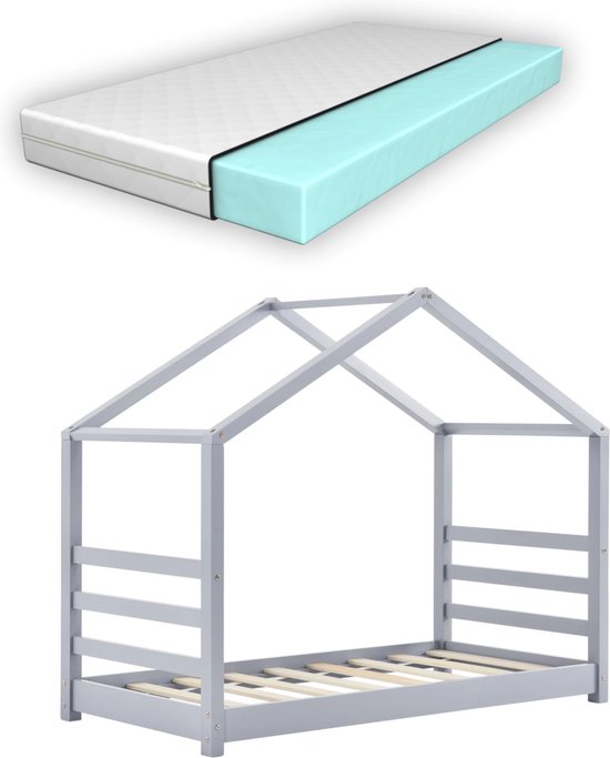 Kinderbed Patricia - Grenen - Huisbed - Met matras en valbescherming - 80x160 cm - Grijs - Voor meisjes - Voor jongens - Voor kinderen