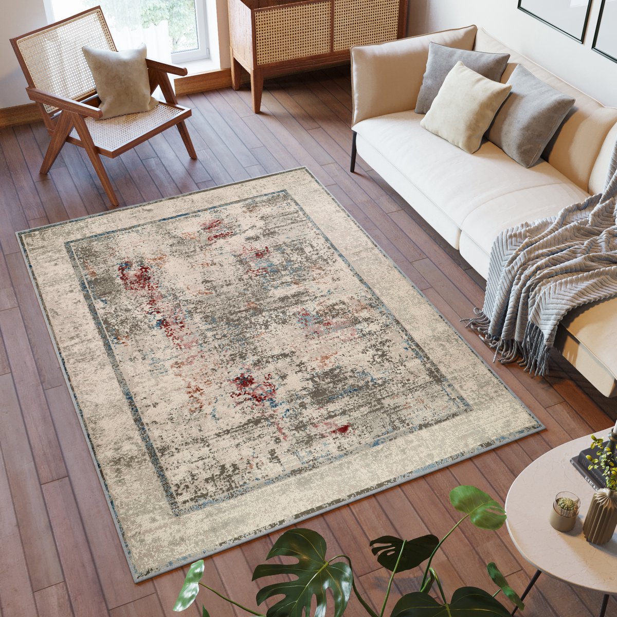 Tapiso Retro Vloerkleed Grijs Rood Blauw Frame Modern Tapijt Maat- 120x170