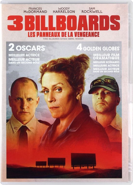 DVD hoes met Frances McDormand, Woody Harrelson en Sam Rockwell. Titel '3 Billboards Outside Ebbing, Missouri' in rode letters.