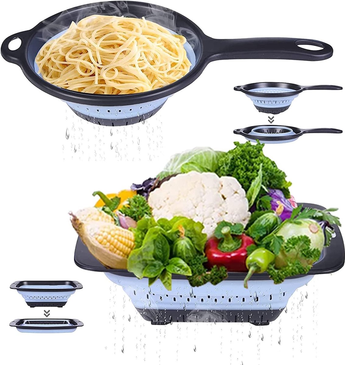 BPA-vrije siliconen voedselvergieten met plastic handvat - Heavy Duty hittebestendig pasta groente afdruiprek keukenstoommand vaatwasmachinebestendig - 2 stuks (blauw)