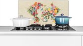 Spatscherm keuken 60x30 cm - Kookplaat achterwand Kaart - Bloemen - Vintage papier - Muurbeschermer - Spatwand fornuis - Hoogwaardig aluminium