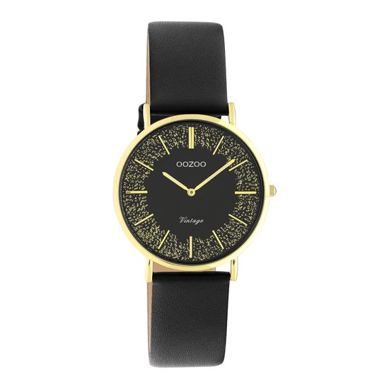 OOZOO Vintage series - goudkleurige horloge met zwarte leren band - C20187 - Ø32