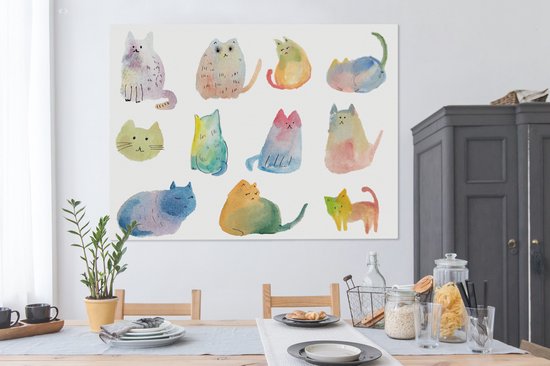 Canvas schilderij 160x120 cm - Wanddecoratie Katten - Illustratie - Kleuren - Muurdecoratie woonkamer - Slaapkamer decoratie - Kamer accessoires - Schilderijen