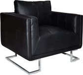 Furnibella – Fauteuil Cube Leer met Chroom Zwart Armstoel Stoel Zitmeubel Zetel