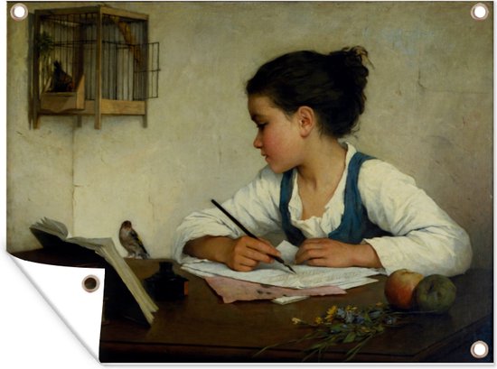 Tuinposter - Tuindoek - Tuinposters buiten - A girl writing the pet goldfinch - schilderij van Henriette Browne - 120x90 cm - Tuin