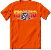 Fishing - Vissen T-Shirt | Grappig Verjaardag Vis Hobby Cadeau Shirt | Dames - Heren - Unisex | Tshirt Hengelsport Kleding Kado - Oranje - XXL