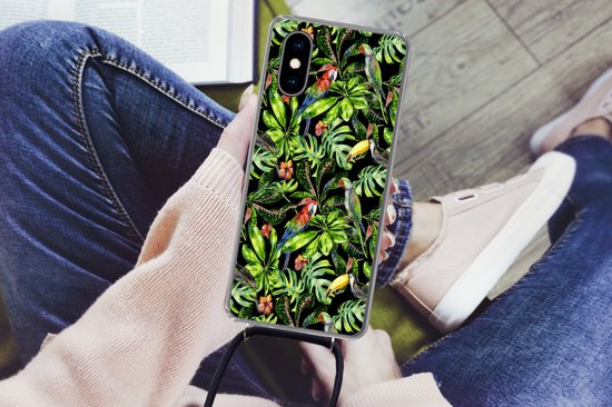 Cordon téléphonique - Chaîne téléphonique - Étui avec cordon Convient pour iPhone XS - Vogels - Tropical - Motifs - Siliconen - Bandoulière - Étui de téléphone avec cordon