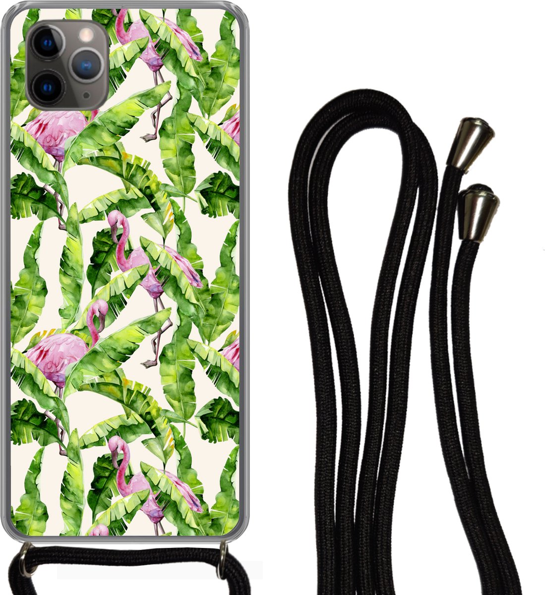 Telefoonkoord - Telefoonketting - Telefoonhoesje Geschikt voor iPhone 11 Pro - Flamingo - Bladeren - Patronen - Siliconen - Crossbody - Telefoonhoesje met koord Telefoonhoesje