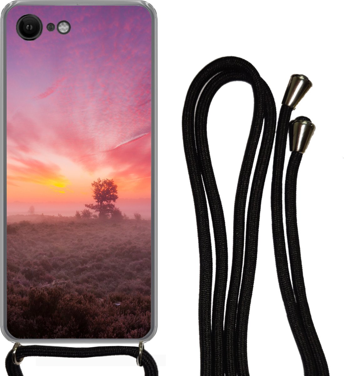 Telefoonhoesje Geschikt voor iPhone SE 2020 - Paarse tinten in Nederlands landschap - Siliconen - Crossbody - Backcover met Koord - Telefoonhoesje met koord - Hoesje met touw Telefoonhoesje