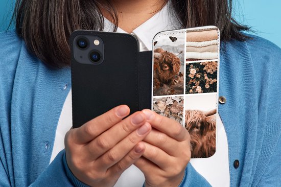 Étui pour téléphone iPhone 13 Bookcase - Highlander écossais - Collage - Fleurs - Avec compartiments - Étui portefeuille avec fermeture magnétique