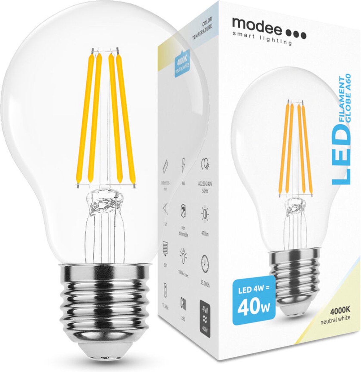 Ampoule à filaments LED A60 blanche Ø 6 cm E27 4 W INVENTIV