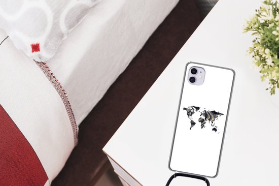 Coque avec cordon iPhone 11 - Carte du Wereldkaart - Goud - Ligne - Siliconen - Bandoulière - Coque arrière avec cordon - Coque pour téléphone avec cordon - Coque avec corde