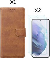 Samsung S22 Plus hoesje Bruin Samsung Galaxy S22 Plus 5G hoesje bookcase portemonnee cover - Samsung hoesje S22 Plus - Samsung S22 Plus screenprotector / 2X Beschermglas