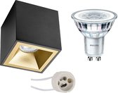 Opbouwspot Set - Pragmi Cliron Pro - GU10 Fitting - Opbouw Vierkant - Mat Zwart/Goud - Verdiept - 90mm - Philips - CorePro 830 36D - 4W - Warm Wit 3000K - Dimbaar - BSE