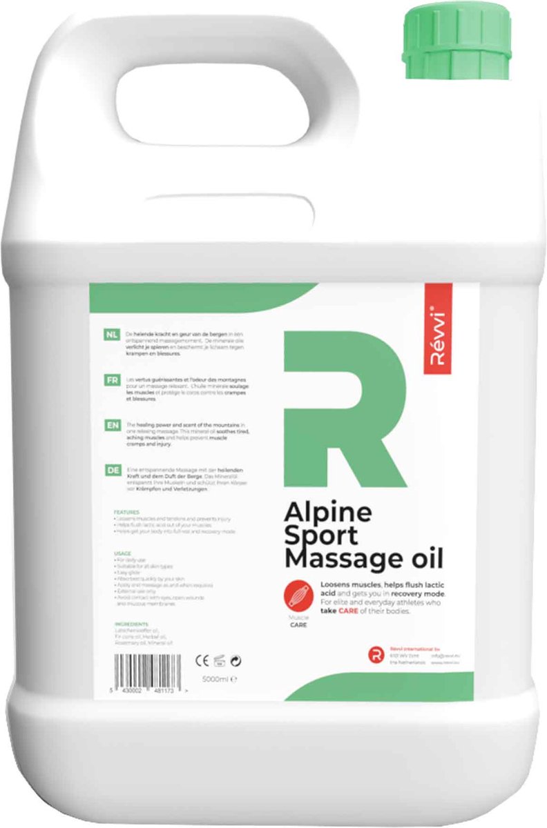 Goedkoopste Révvi | Alpine Sport Massage Olie - Alle huidtypes - Snelle huidopname - Verlicht Spieren - 5L Can - - 5L