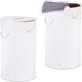 Relaxdays 2x wasmand bamboe - wasbox met deksel - 70 liter - rond - 65 x 41 cm - wit