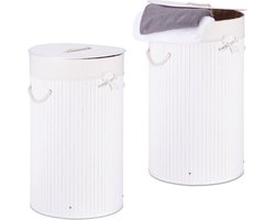 2x wasmand bamboe - wasbox met deksel - 70 liter - rond - 65 x 41 cm - wit