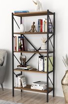 Bofigo Boekenkast - Vrijstaande Kast - Open Kast - 5 Verdiepingen - Industrieel - 160 x 66 x 34 cm - Walnoot kleur - Hout - Woonkamer meubel - Open Organizer